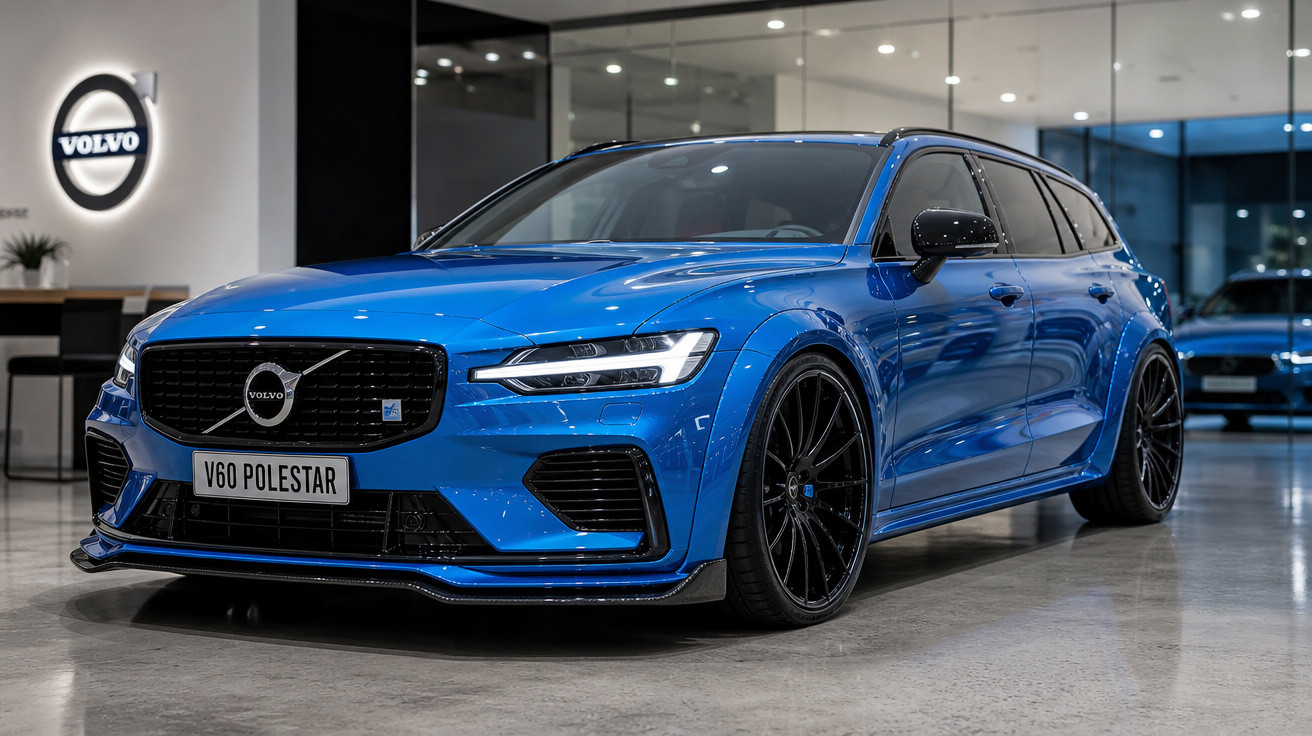 Carro Volvo V60 Polestar azul em exposição interna com rodas pretas e faróis acesos.