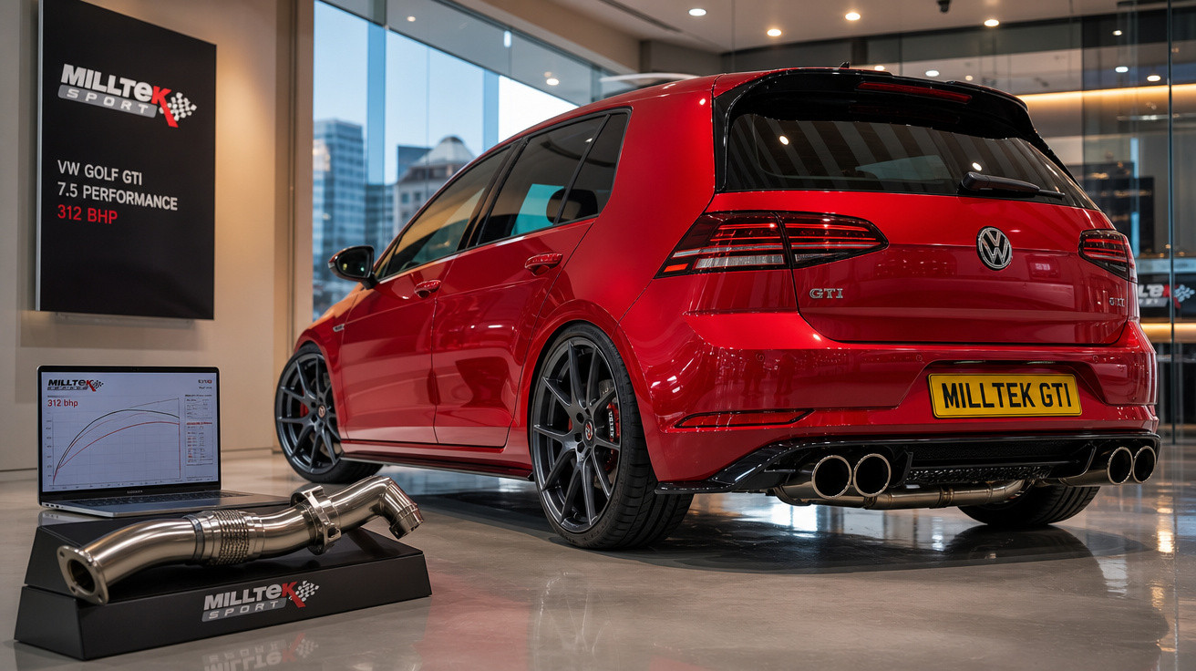 Carro vermelho Volkswagen Golf GTI exibido em showroom, ao lado de peça e placa Milltek GTI.