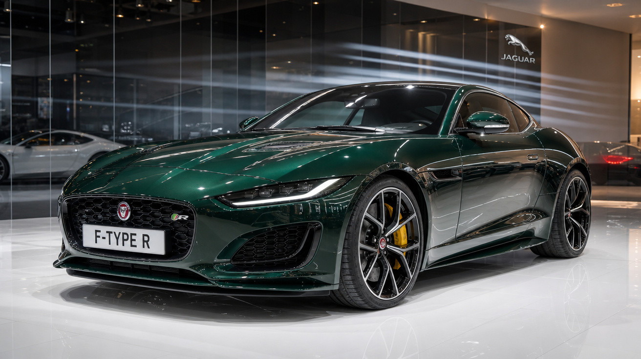 Carro esportivo Jaguar F-Type R verde escuro exibido em showroom moderno com piso branco e vitrines de vidro.