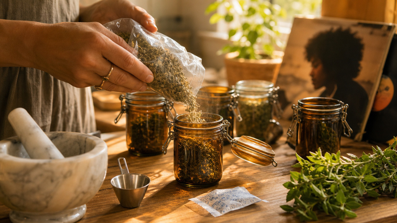 Pessoa enchendo pote de vidro com ervas secas em mesa de madeira com utensílios e plantas frescas ao redor.