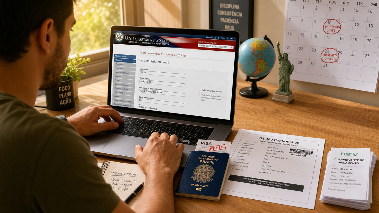 Homem preenchendo formulário de visto americano no laptop, com passaporte brasileiro e documentos na mesa.