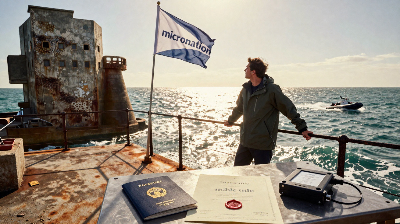 Pessoa olhando para o mar em plataforma oxidada com bandeira Micronation e documentos de passaporte e título nobiliárquico.