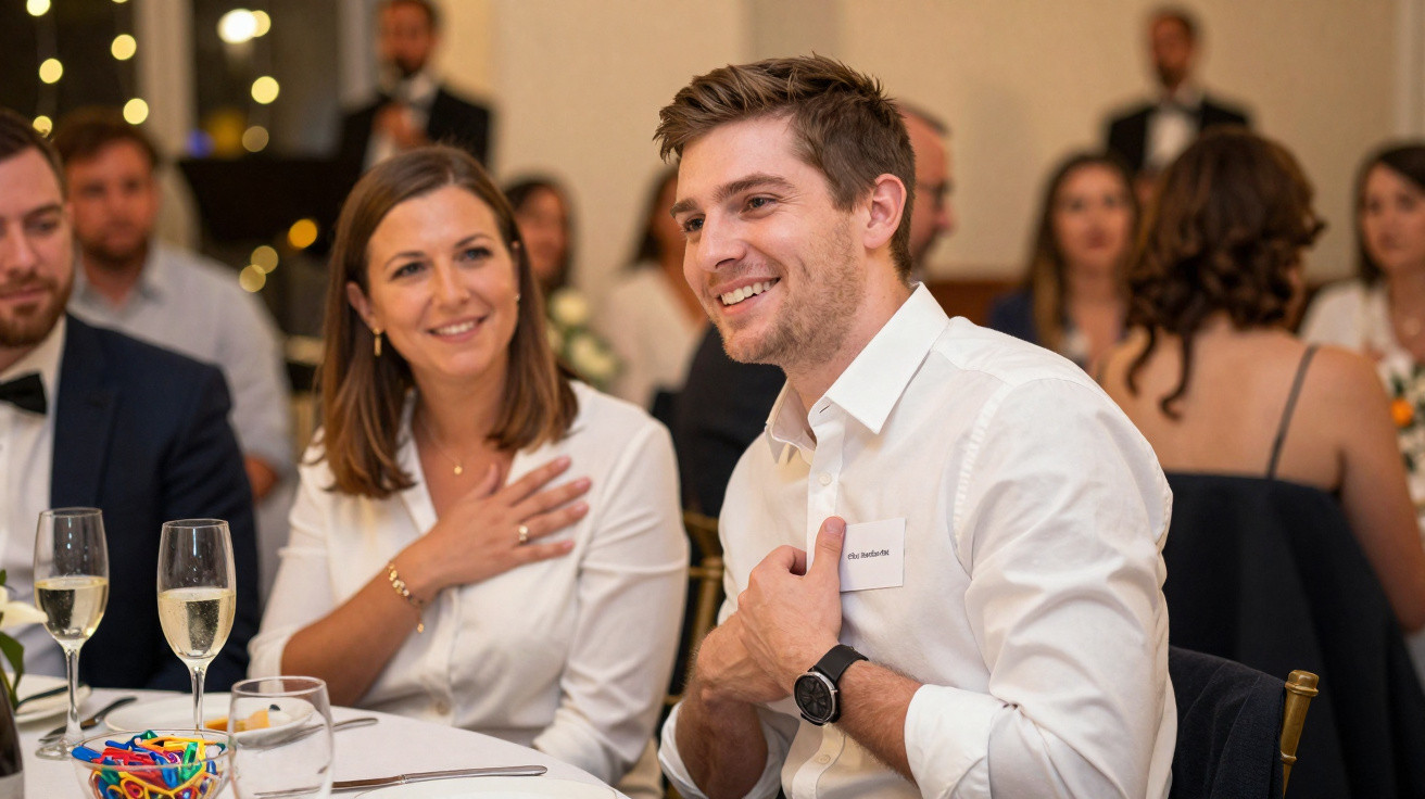 Homem e mulher conversando e sorrindo em evento social formal com outros convidados ao fundo.