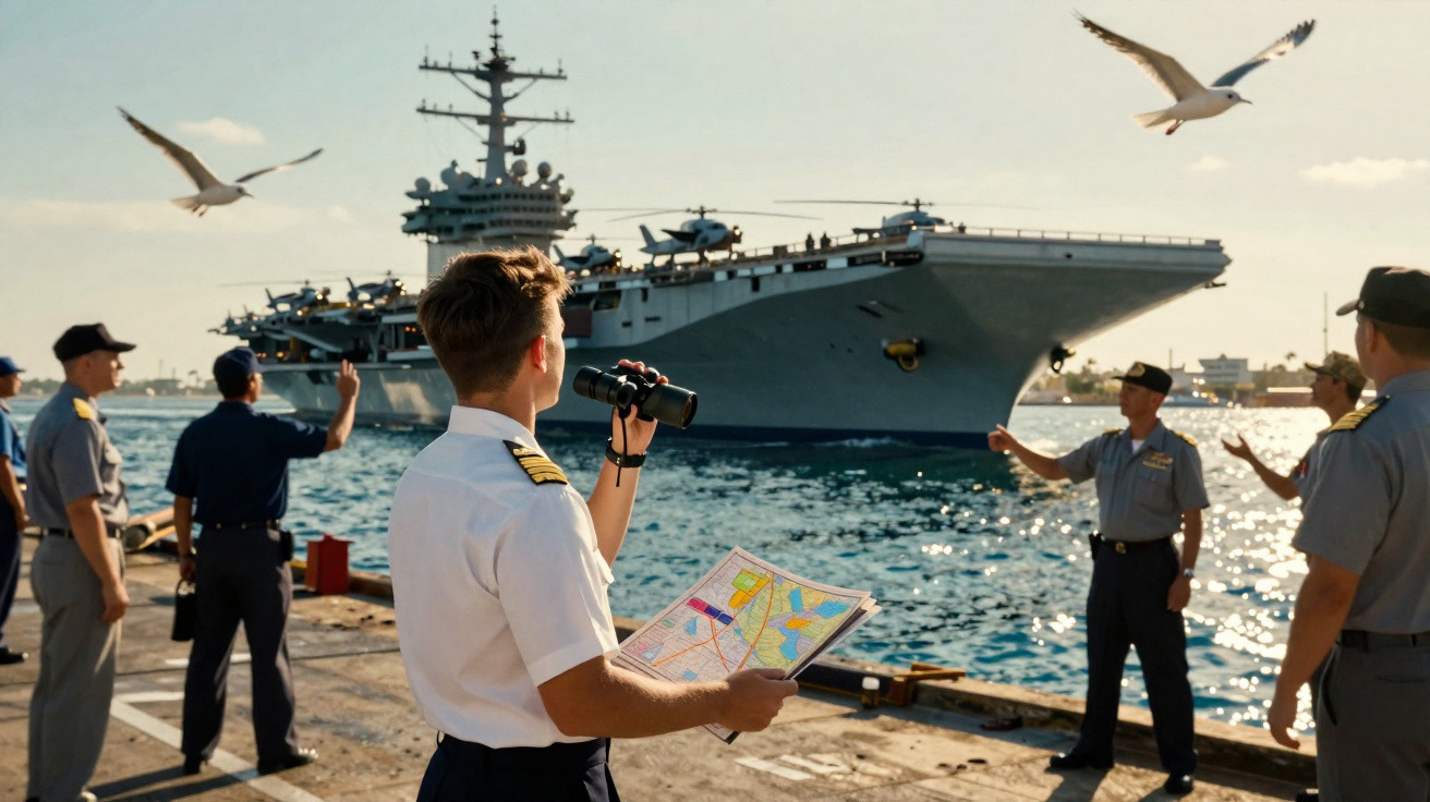 Oficiais da marinha observando porta-aviões chegando ao porto durante o dia ensolarado.
