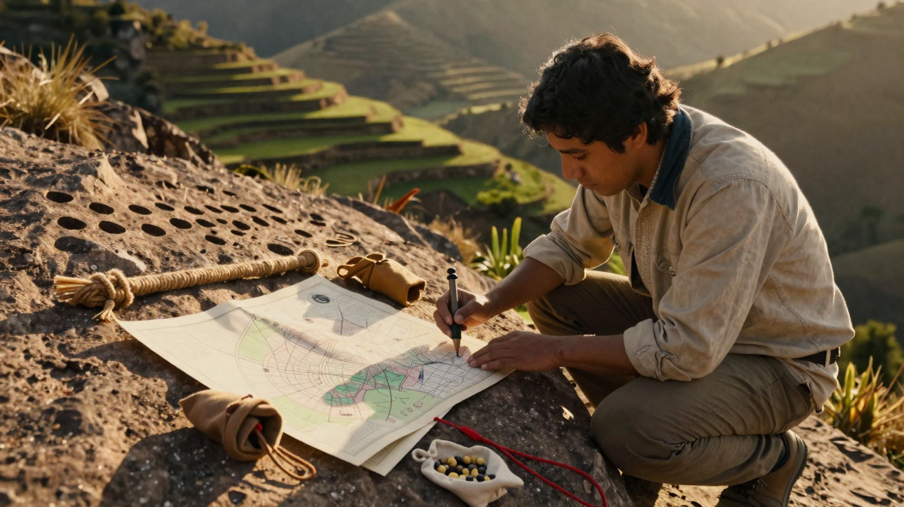 Homem desenhando plantas arquitetônicas ao ar livre em terreno com degraus de terra ao fundo.