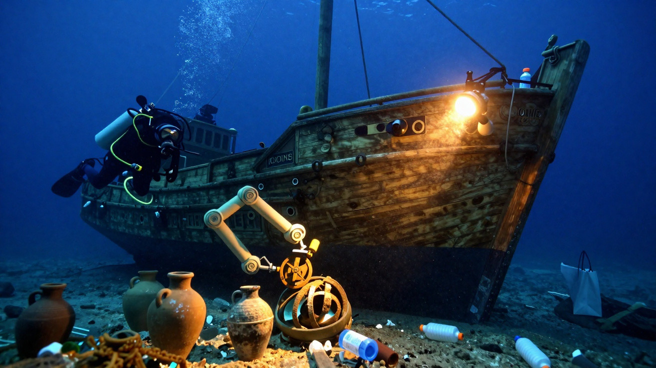Mergulhador e braço robótico exploram navio naufragado com vasos e lixo no fundo do mar.