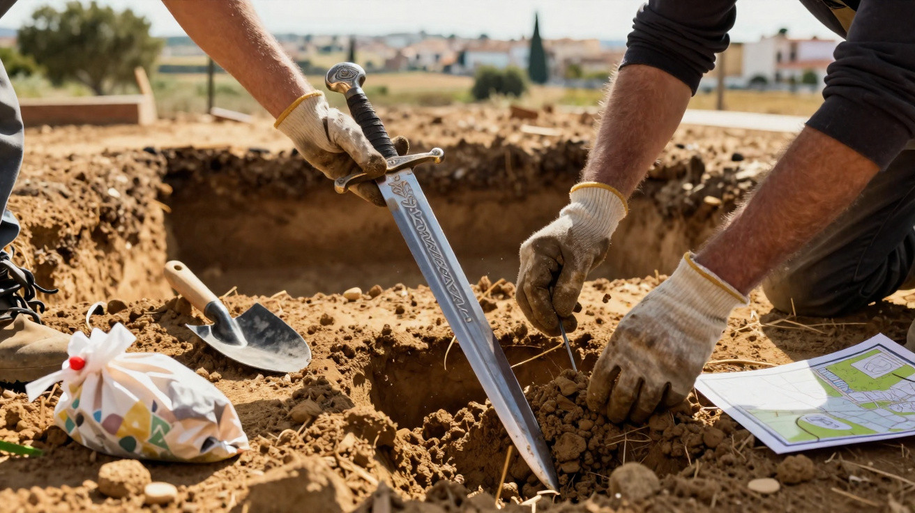 Dois arqueólogos escavam um sítio arqueológico, utilizando uma espada e ferramentas manuais.