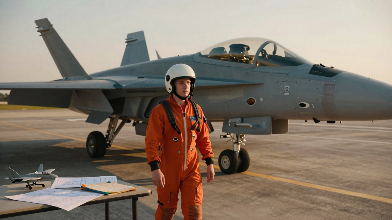 Piloto vestido com macacão laranja e capacete branco caminha próximo a um caça cinza em pista de aeroporto.