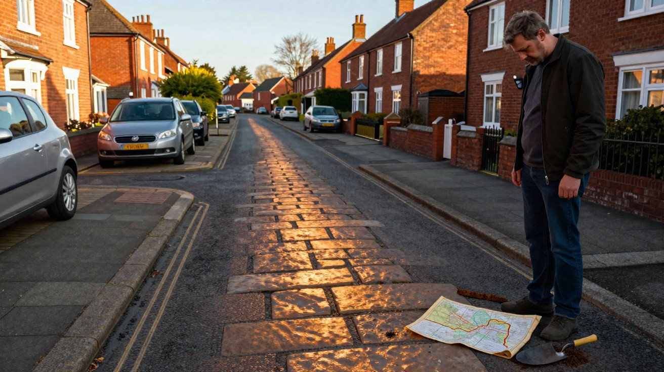 Homem de jaqueta vê mapa no chão de rua residencial com casas de tijolos vermelhos ao pôr do sol.