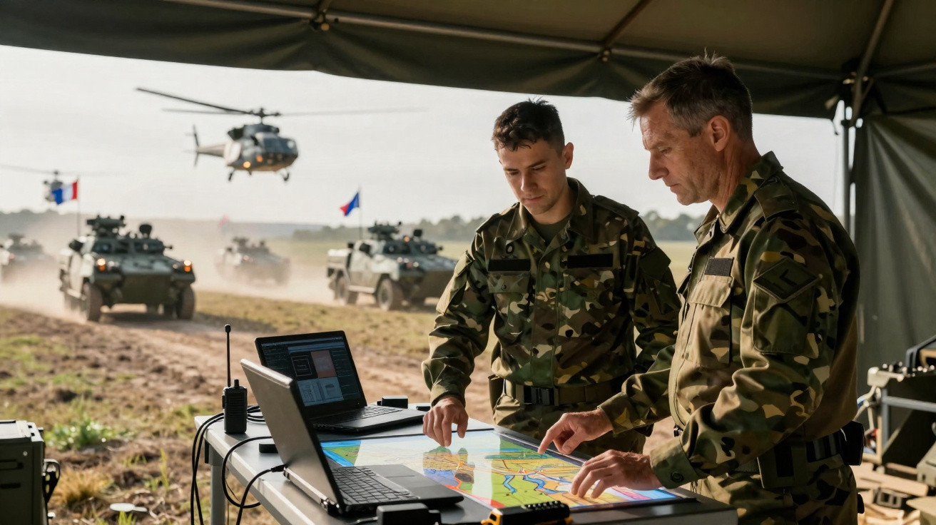 Dois soldados em uniforme militar analisam mapa digital em uma mesa ao ar livre, com veículos blindados e helicóptero ao fund