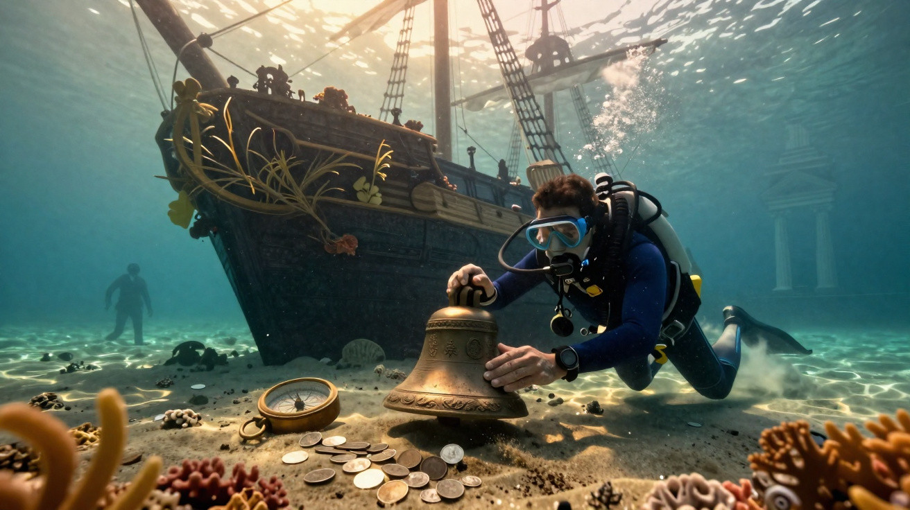 Mergulhador resgata sino e moedas no fundo do mar perto de navio naufragado com corais ao redor.