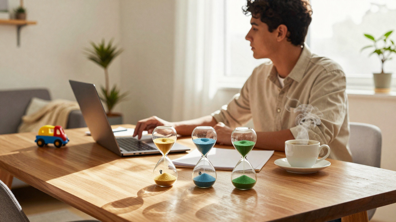 Jovem trabalhando no computador com três ampulhetas coloridas e xícara de café na mesa de madeira.