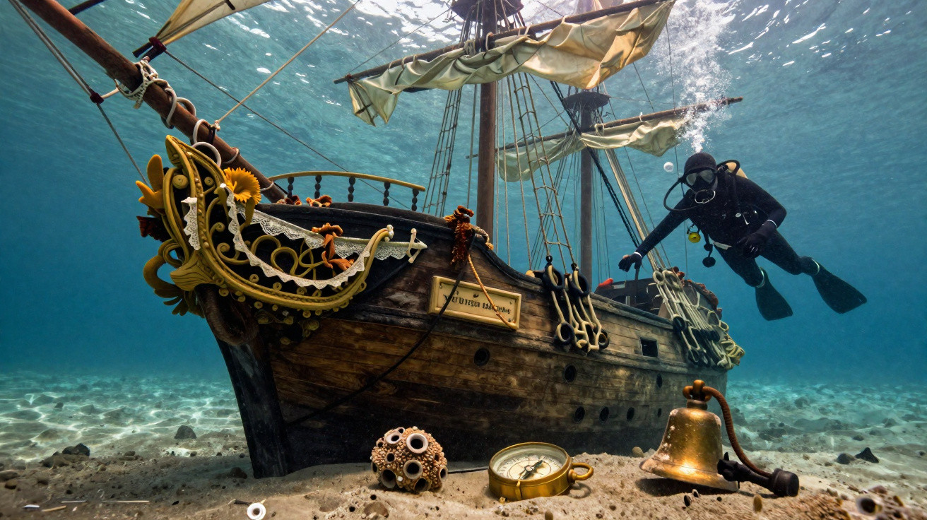 Mergulhador explora navio naufragado antigo com bússola, sino e artefatos no fundo do mar cristalino.