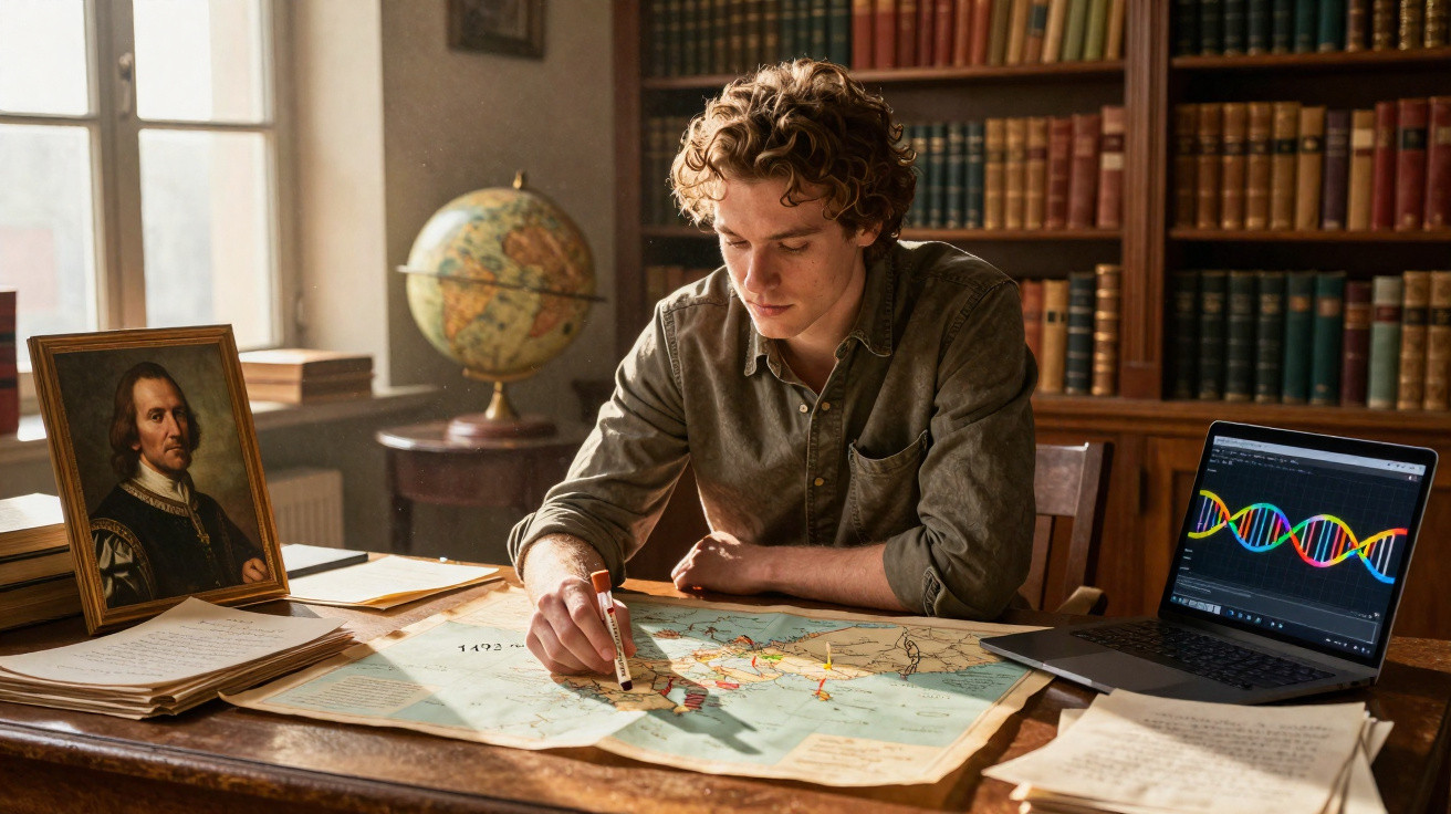 Homem jovem estudando mapa em mesa com laptop aberto mostrando hélice de DNA e globo ao fundo.