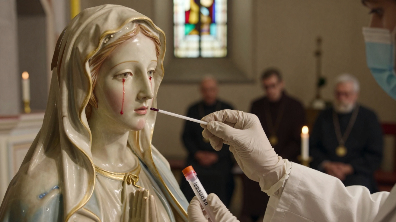 Pessoa de luvas faz teste de cotonete em estátua de Nossa Senhora que chora lágrimas vermelhas em igreja.