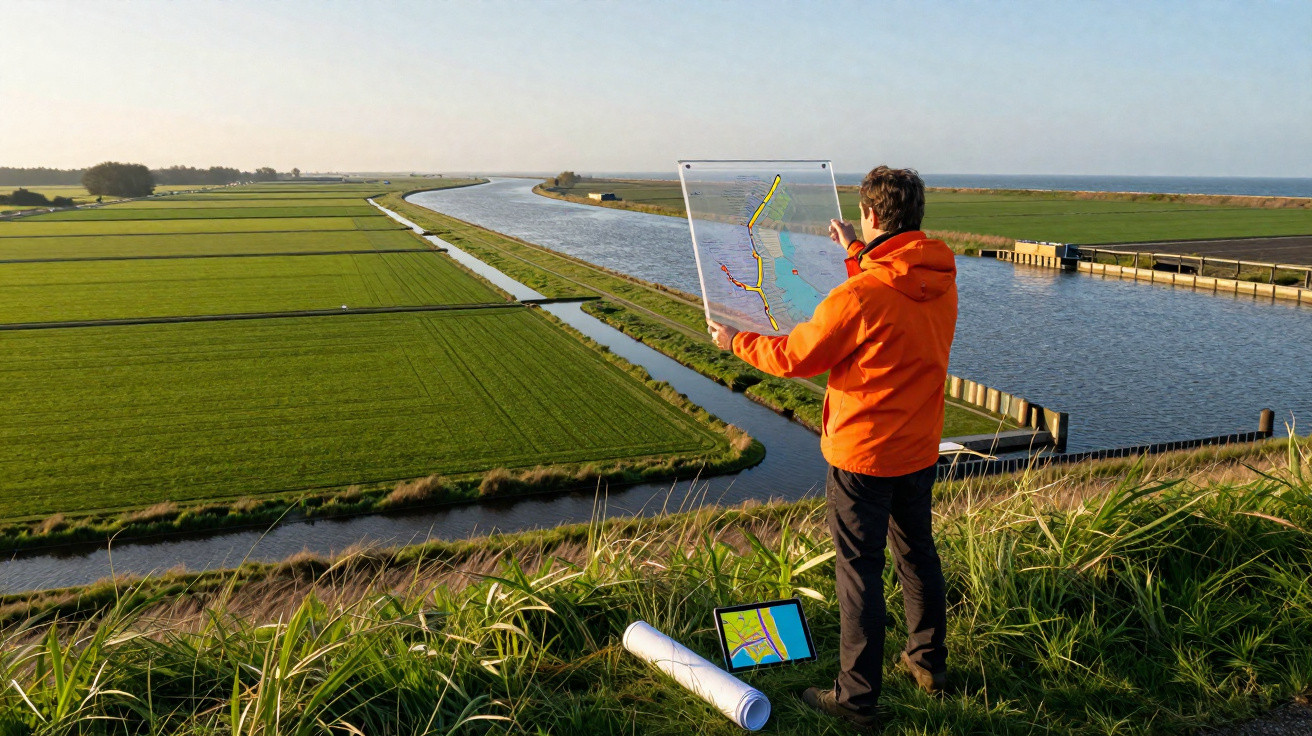 Pessoa de casaco laranja segura mapa transparente em área rural com canais e campos verdes ao entardecer.
