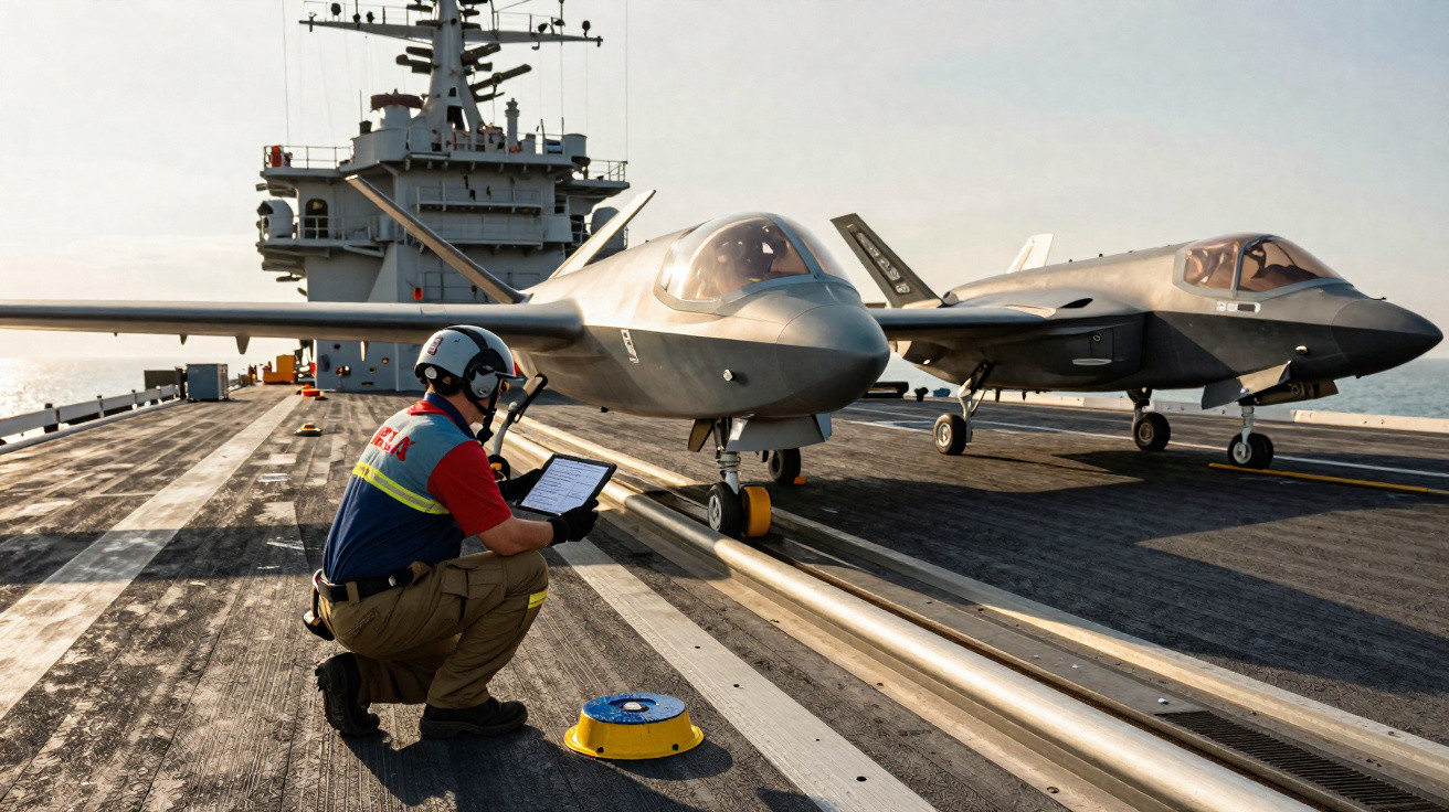 Técnico com tablet realiza inspeção em dois caças F-35 estacionados no convés de um porta-aviões.