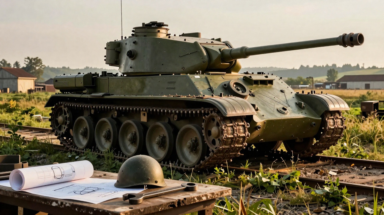 Tanque militar verde estacionado em trilhos com mesa à frente com capacete, ferramentas e desenhos técnicos.