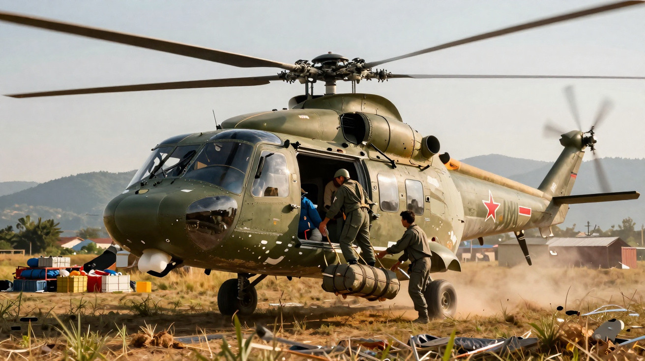 Helicóptero militar russo verde com soldados embarcando em área rural com montanhas ao fundo.