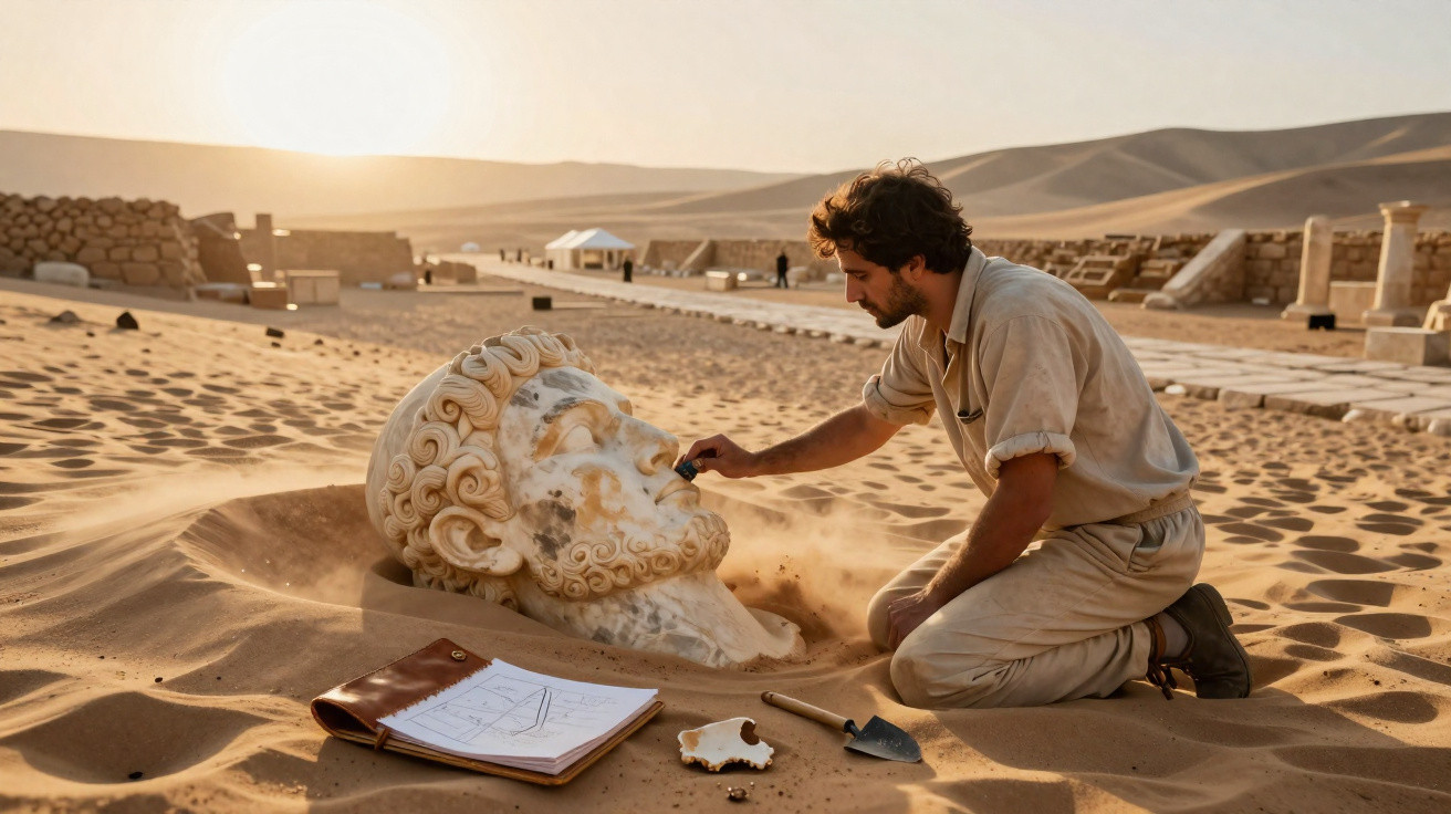 Arqueólogo escava cabeça gigante esculpida em pedra no deserto ao pôr do sol.