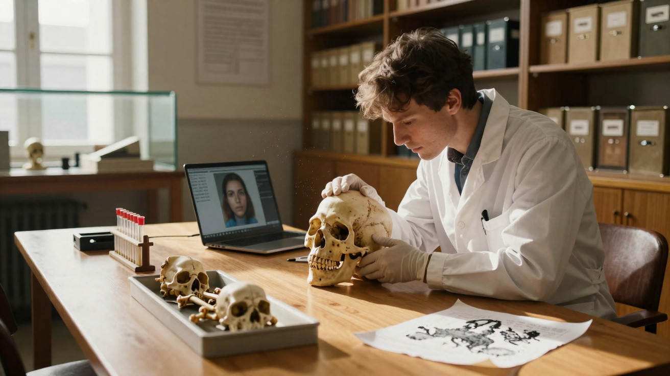 Pesquisador em laboratório analisa crânio humano enquanto estuda imagens e amostras em mesa de madeira.