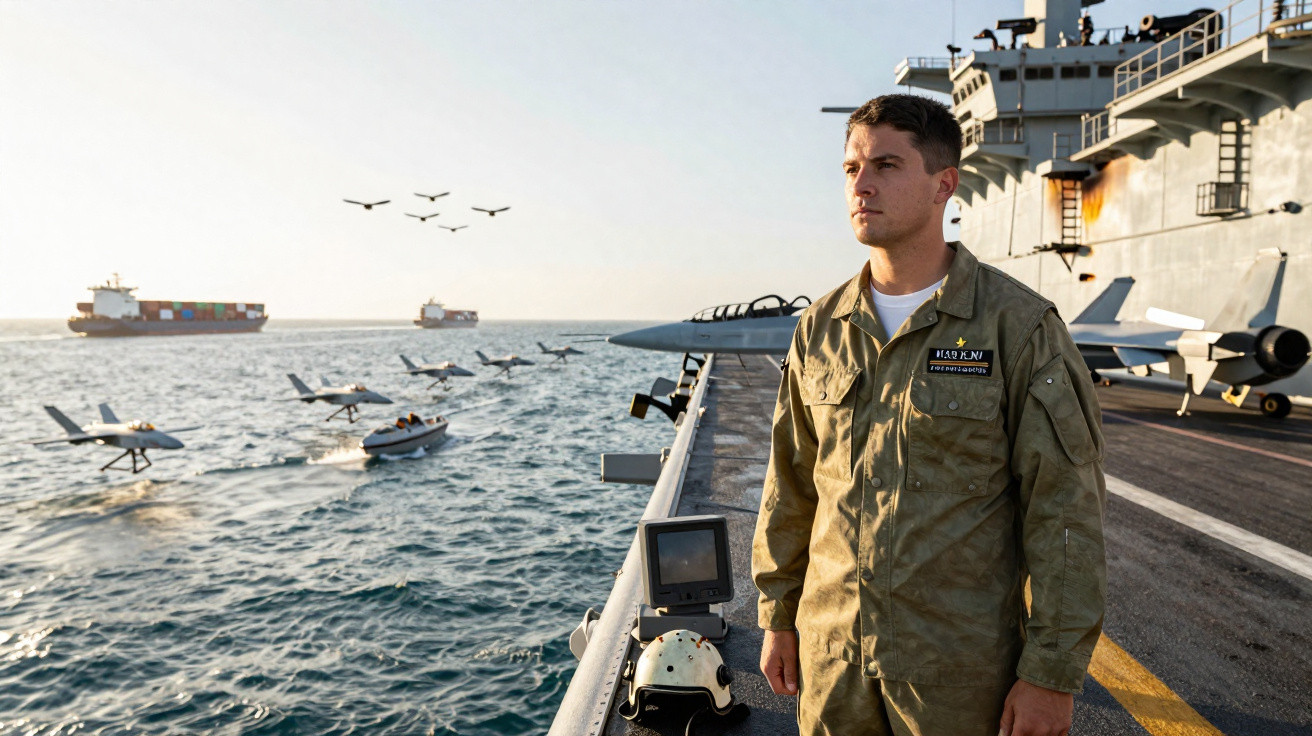 Militar em convés de porta-aviões observa veículos aéreos e marítimos sobre o oceano ao entardecer.
