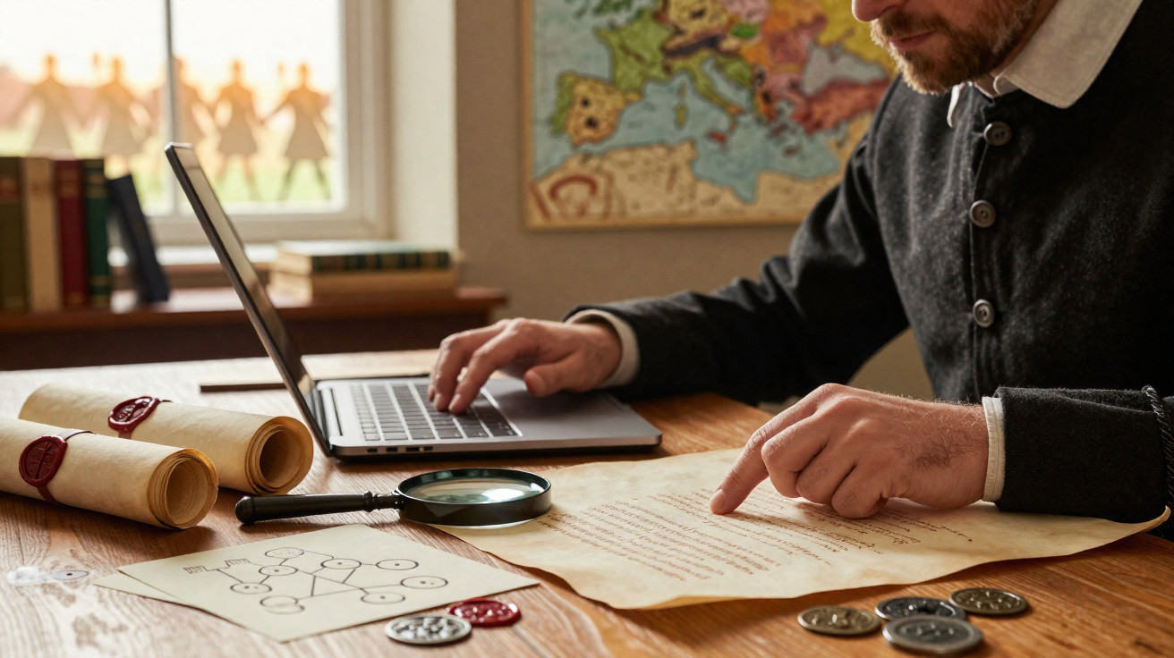 Homem analisando um documento antigo em uma mesa com laptop, lupa, moedas e mapas ao fundo.