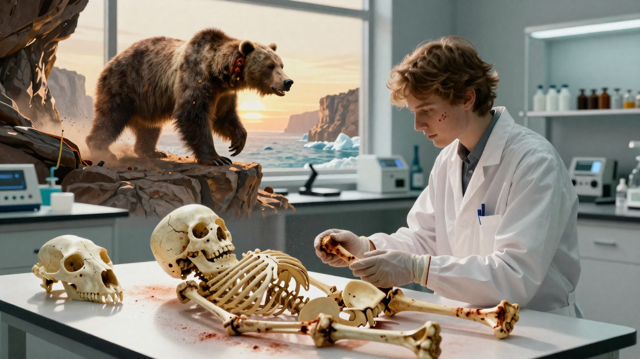 Jovem cientista em laboratório analisa ossos humanos enquanto urso observa pela janela com paisagem rochosa.