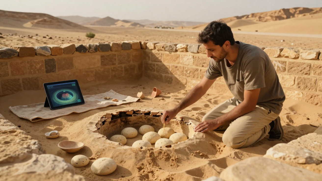 Homem preparando pães em forno tradicional de pedra em área desértica com tablet ao lado.