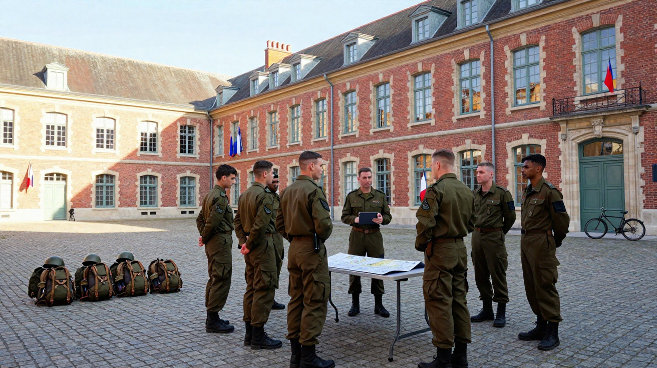 Grupo de soldados em uniforme verde reunidos ao redor de mesa com mapas em pátio de prédio histórico.