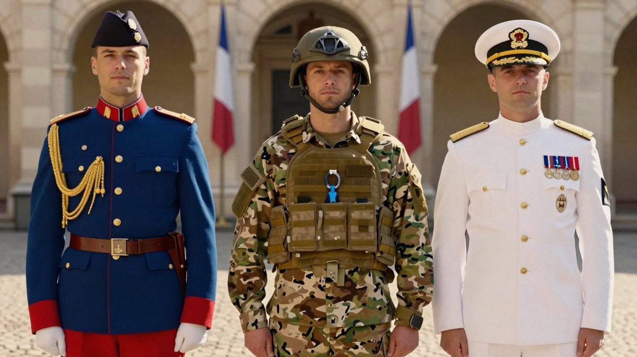 Três militares alinhados, vestindo uniformes azul, camuflado e branco, em pátio com bandeiras ao fundo.