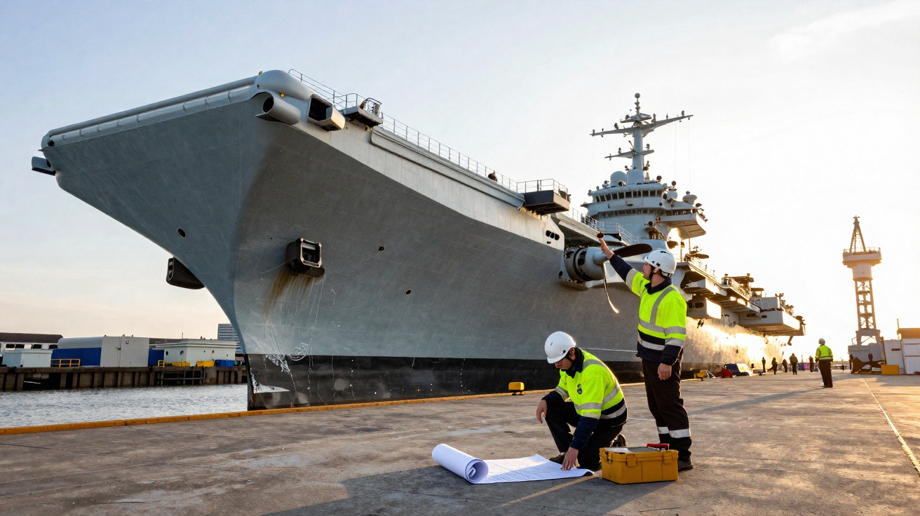 Dois trabalhadores em EPI consultam plantas na doca ao lado de um grande navio militar ancorado.