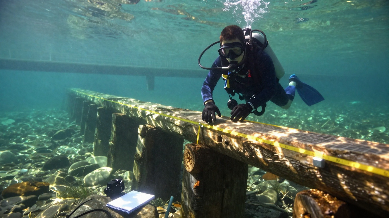 Mergulhador analisa estrutura de madeira submersa em água cristalina durante pesquisa científica.
