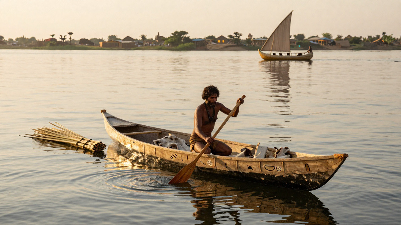 Homem remando canoa de madeira com búfalos em rio calmo ao entardecer, barco à vela ao fundo.