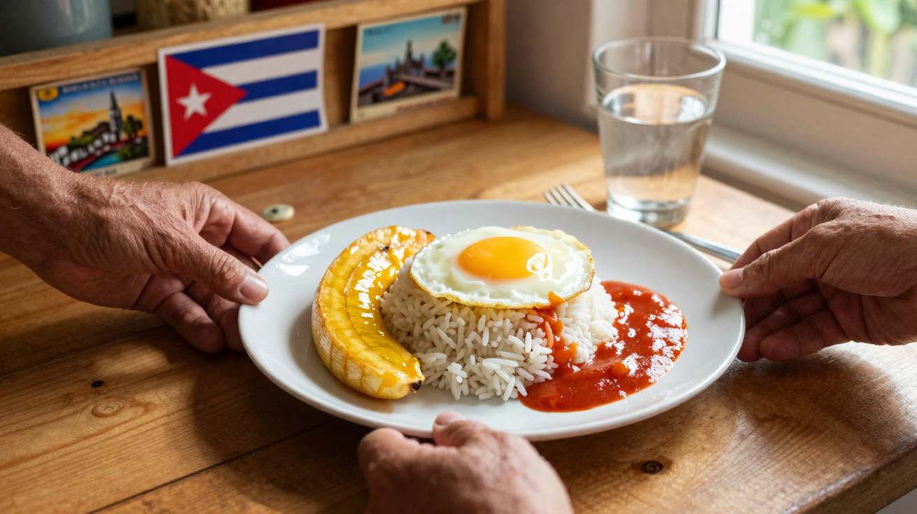 Prato com arroz, ovo frito, molho vermelho e banana-pacova em mesa de madeira, mãos segurando o prato.