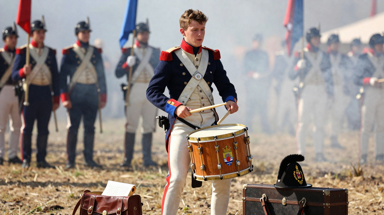 Jovem vestindo uniforme militar histórico toca tambor em campo com soldados e bandeiras ao fundo.