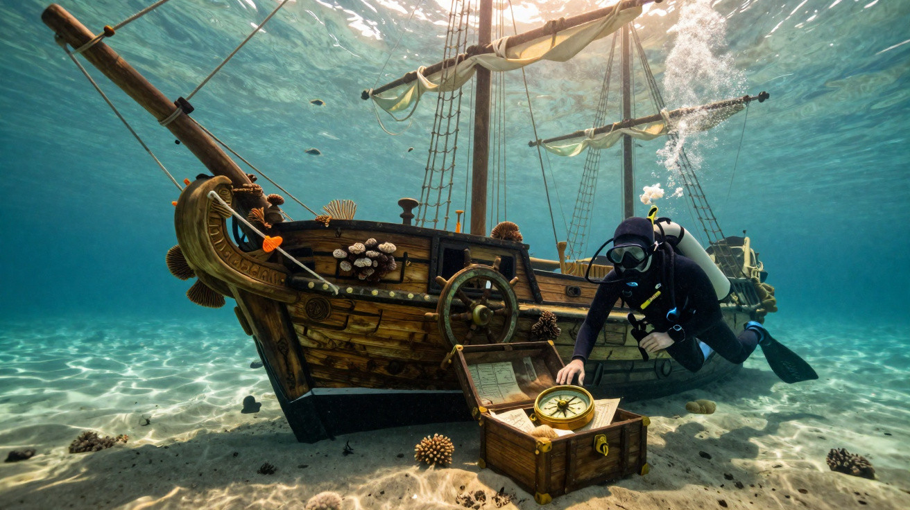Mergulhador ao lado de um navio pirata submerso, examinando um tesouro com bússola no fundo do mar.