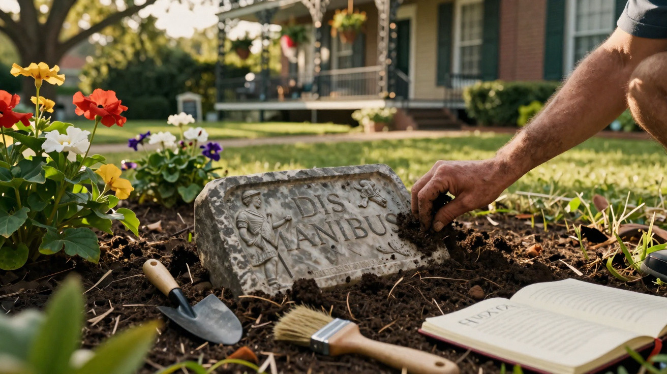 Mão ajeitando placa de jardim com a inscrição "Dis Manibus" cercada por flores e ferramentas de jardinagem.