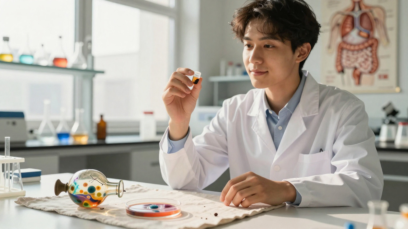 Jovem cientista em laboratório examinando amostra líquida com frascos e aparelho de cultura no fundo