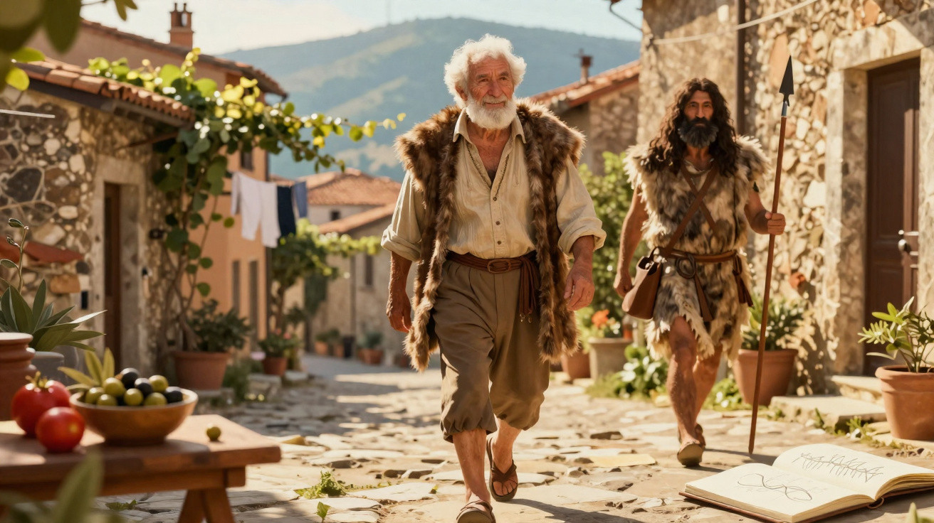 Dois homens com roupas de pele caminham por rua de vila antiga, cercada por casas e montanhas ao fundo.