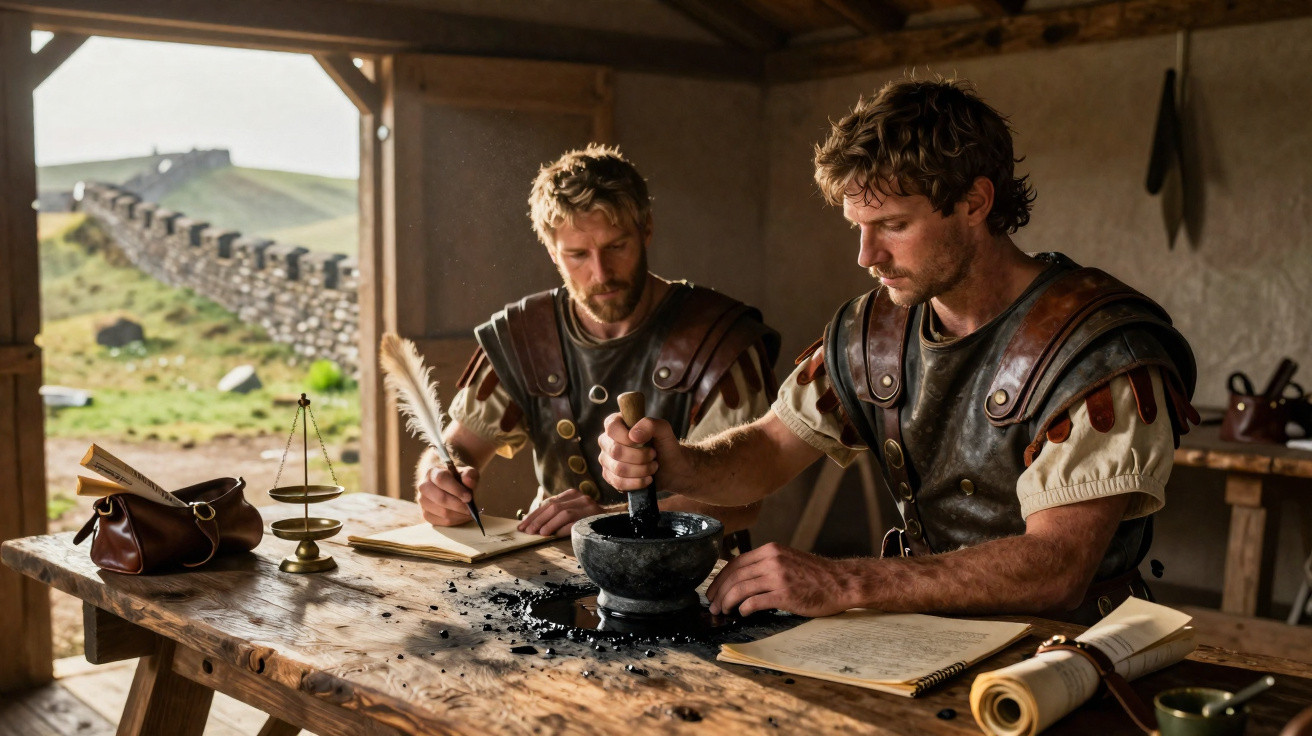 Dois homens vestidos como legionários romanos escrevendo e usando um almofariz em uma mesa de madeira.