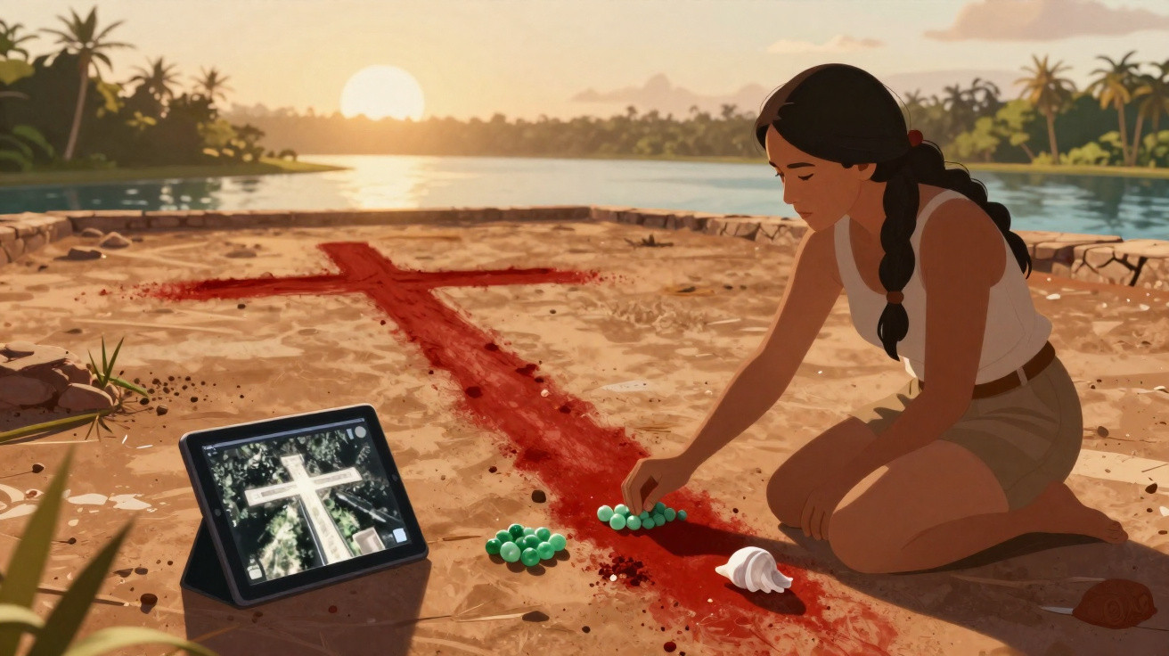 Mulher ajoelhada ao lado de cruz de sangue no chão, com tablet mostrando uma cruz, ao pôr do sol.
