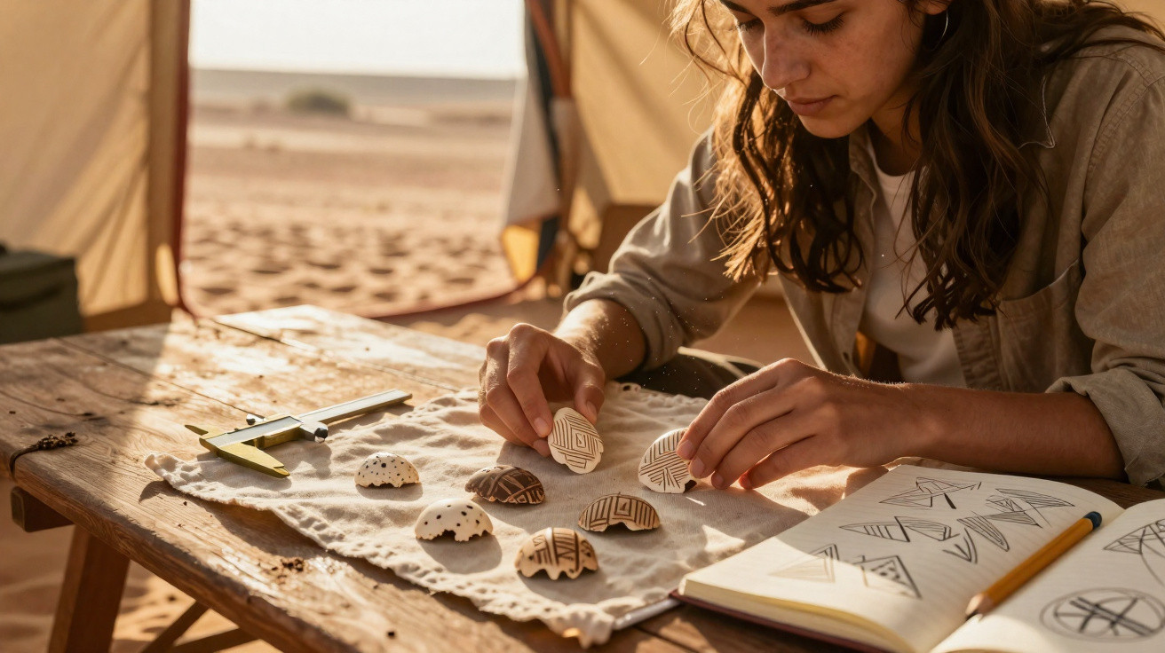 Mulher analisando conchas decoradas em mesa com desenhos geométricos ao ar livre, em local arenoso.