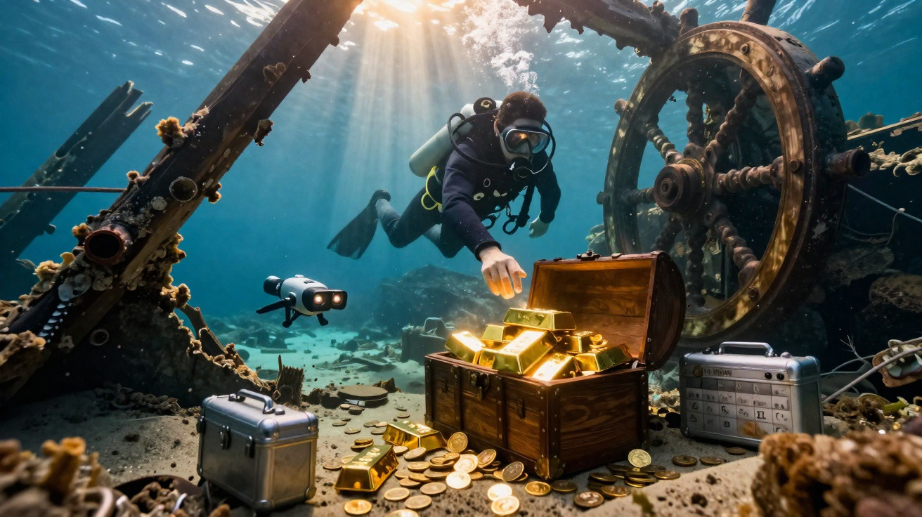 Mergulhador explorando um navio naufragado com baú cheio de barras e moedas de ouro no fundo do mar.