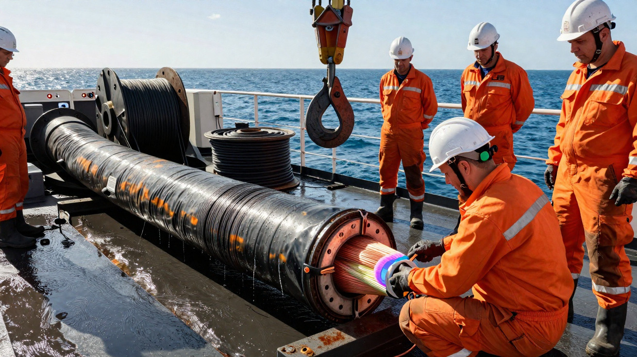 Trabalhadores com uniforme laranja e capacetes executam manutenção em cabos submarinos sobre plataforma no mar.