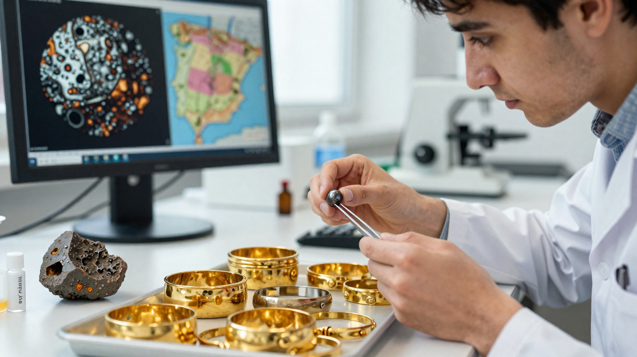 Homem analisando amostras de rochas com equipamento científico em laboratório moderno.