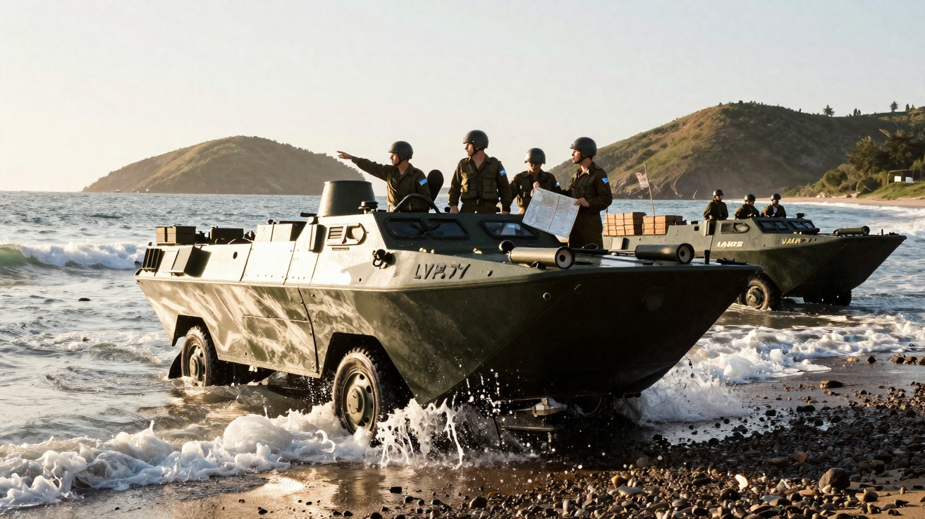 Veículos anfíbios militares emergindo do mar com soldados em formação durante exercício na praia.