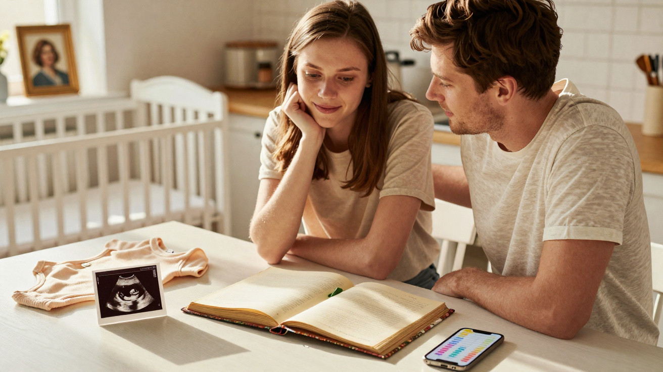 Casal jovem sentado à mesa vendo ultrassom, com enxoval de bebê e celular ao lado.