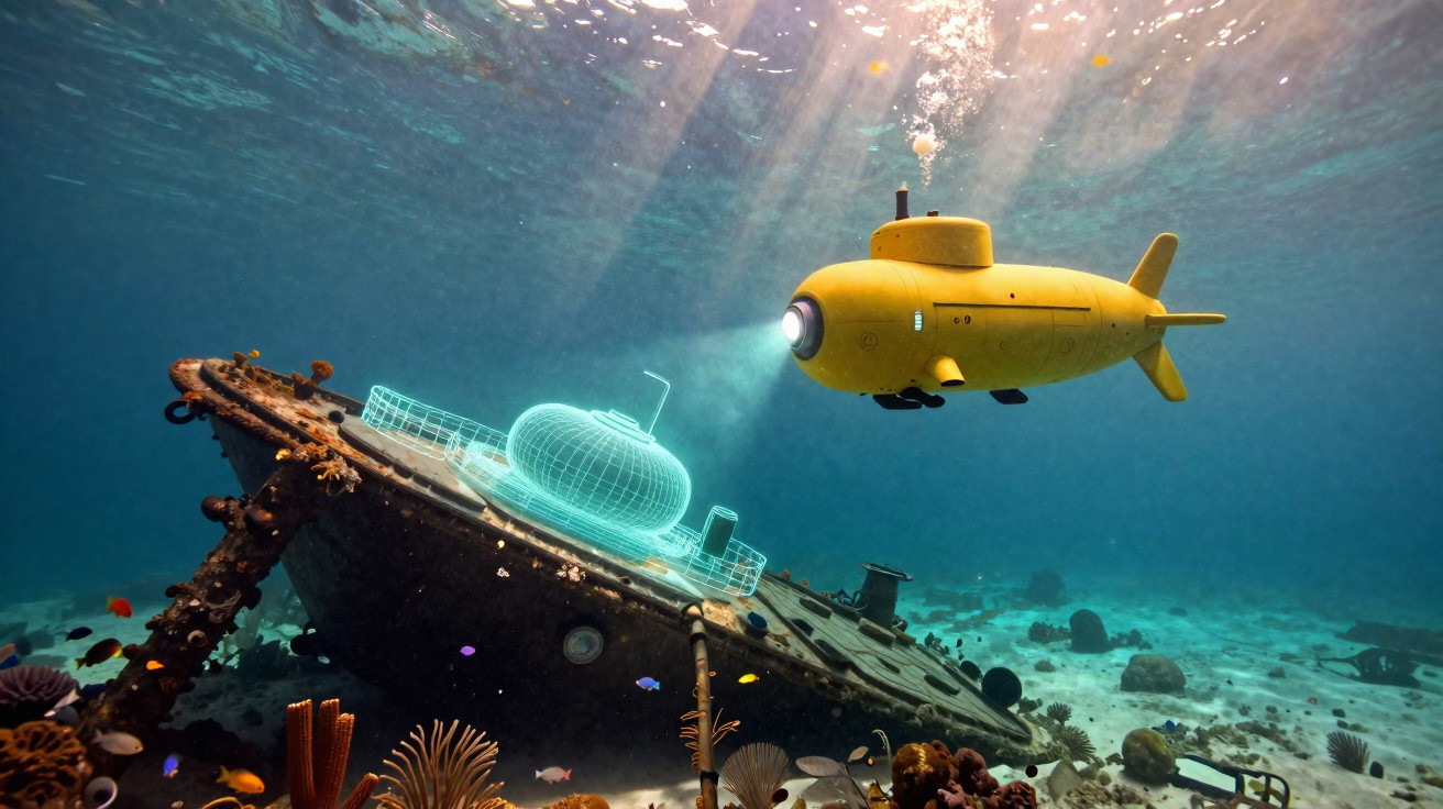 Submarino amarelo explorando um navio naufragado com projeção holográfica no fundo do mar.