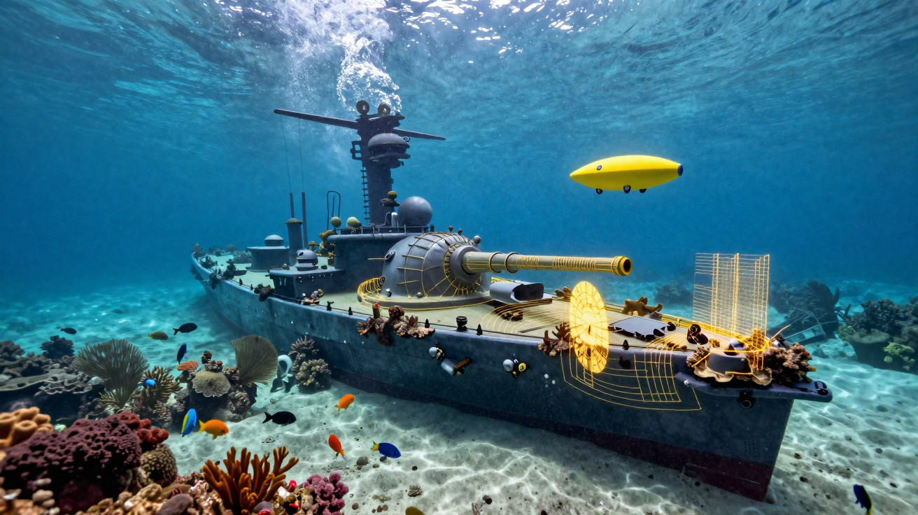 Modelo 3D de navio de guerra futurista submarino explorando recife com peixes e drone amarelo.